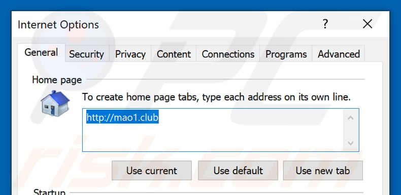 Removendo mao1.club da página inicial do Internet Explorer