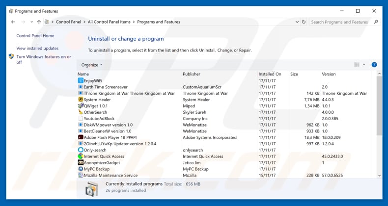 Desinstalador do sequestrador de navegador mao1.club via Painel de Controlo