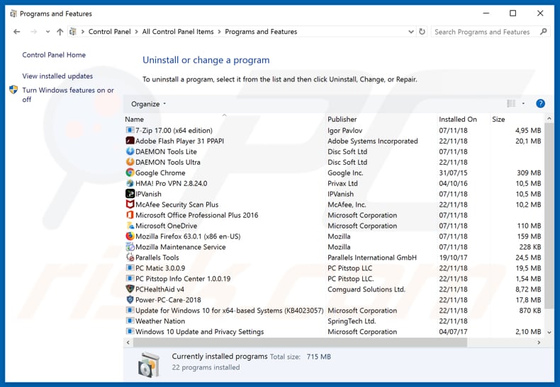 Desinstalação do adware ouo.io através do Painel de Controlo