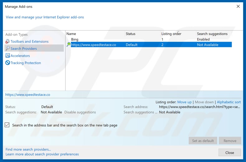 Removendo speedtestace.co do mecanismo de pesquisa padrão do Internet Explorer