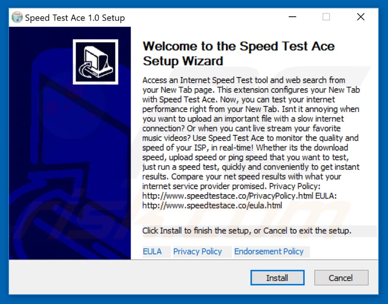Configuração oficial da instalação do sequestrador de navegador Ace do Speed Test