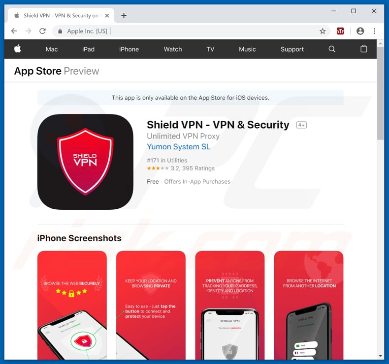 App VPN Shield promovida através de um site fraudulento