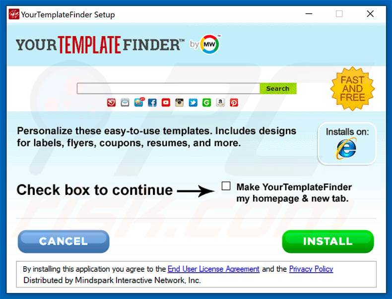 Configuração oficial da instalação do sequestrador de navegador YourTemplateFinder