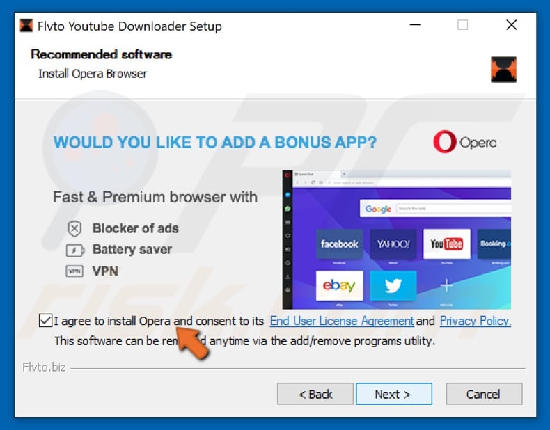 Opera incluído na configuração do Flvto Youtube descarregador