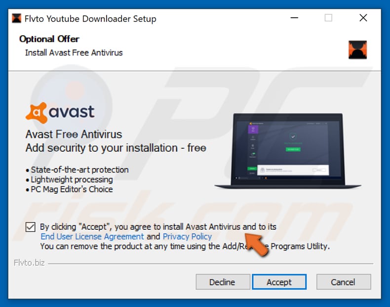 Avast incluído na configuração de instalação do Flvto Youtube descarregador