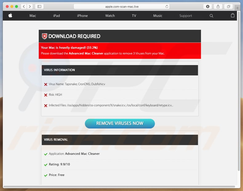 apple.com-scan-mac[.]live detecta vírus falsos