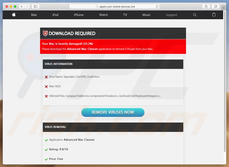 Apple.com-shield-devices[.]live exibe detecções de vírus falsas