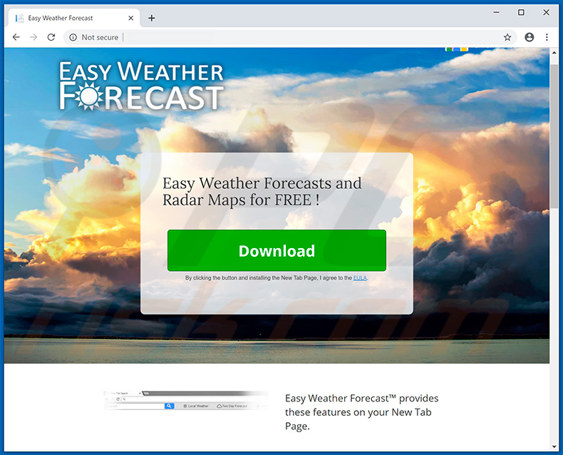 Site usado para promover o sequestrador de navegador Easy Weather Forecast