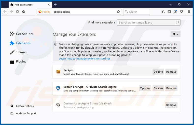 Removendo as extensões relacionadas ao search.hgetrecipesnow.com do Mozilla Firefox