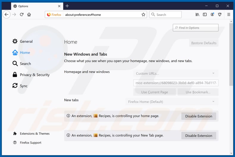 Removendo a página inicial search.hgetrecipesnow.com do Mozilla Firefox
