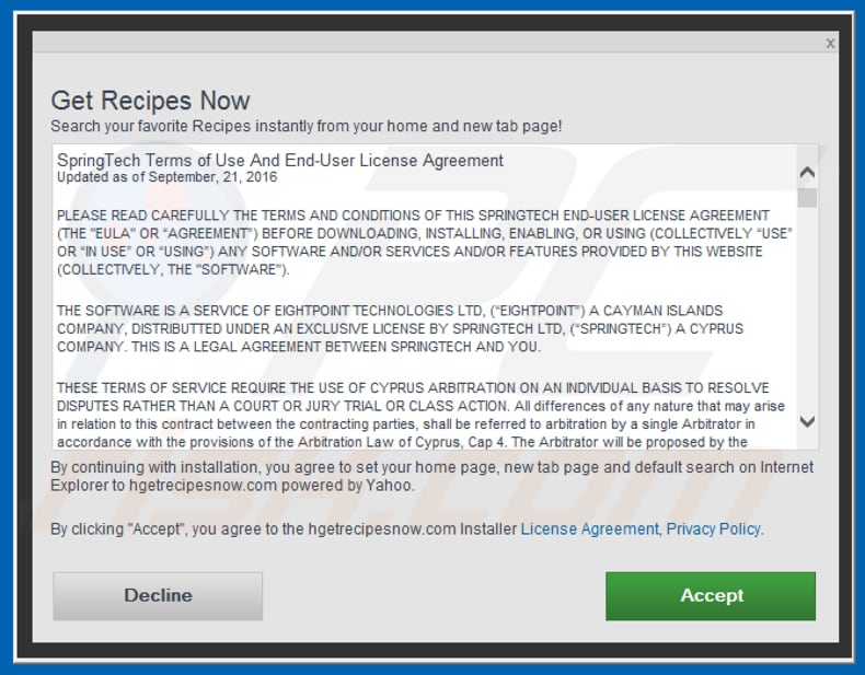 Configuração oficial da instalação do sequestrador de navegador Get Recipes Now