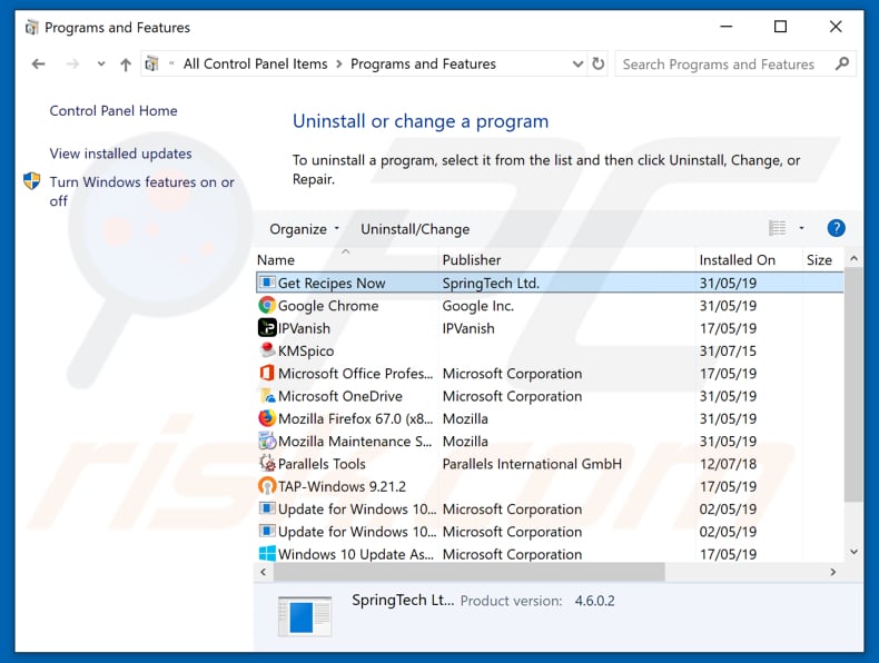Desinstalador do sequestrador de navegador search.hgetrecipesnow.com via Painel de Controlo