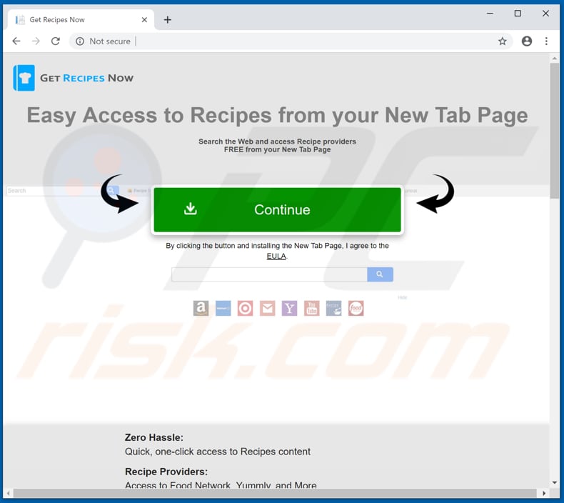 Site usado para promover o sequestrador de navegador Get Recipes Now