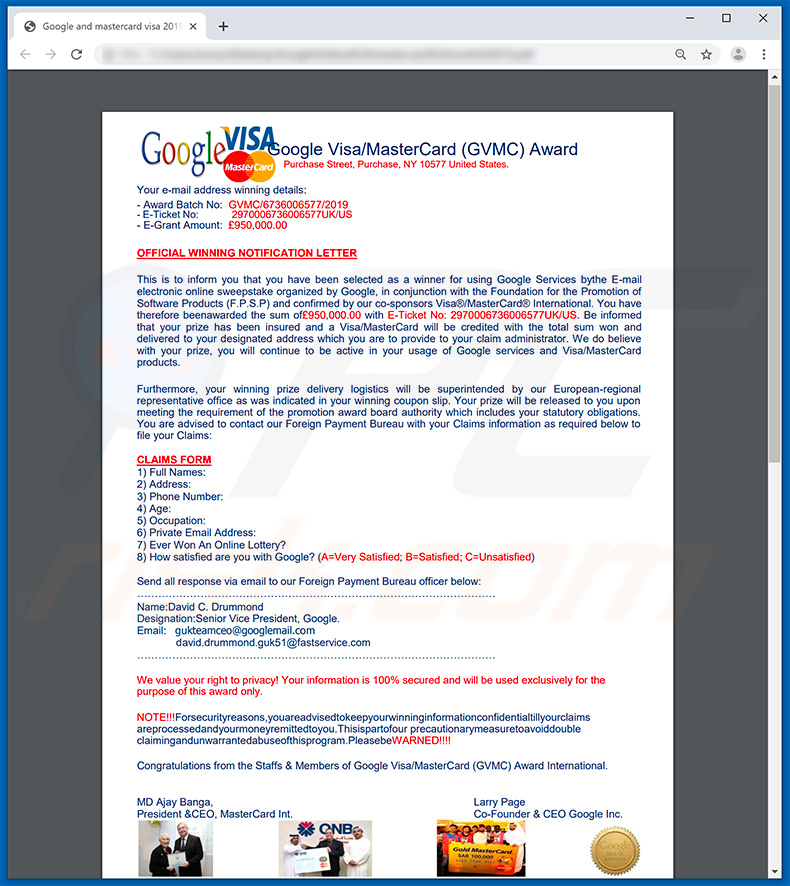 Vínculo de campanha de spam por e-mail do Google Winner Carta oficial de vencedores do Google e do visto mastercard 2019.pdf