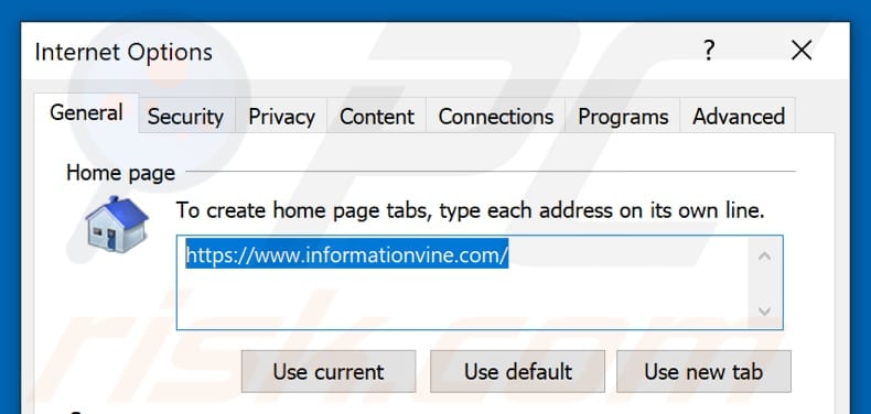 Removendo informationvine.com da página inicial do Internet Explorer