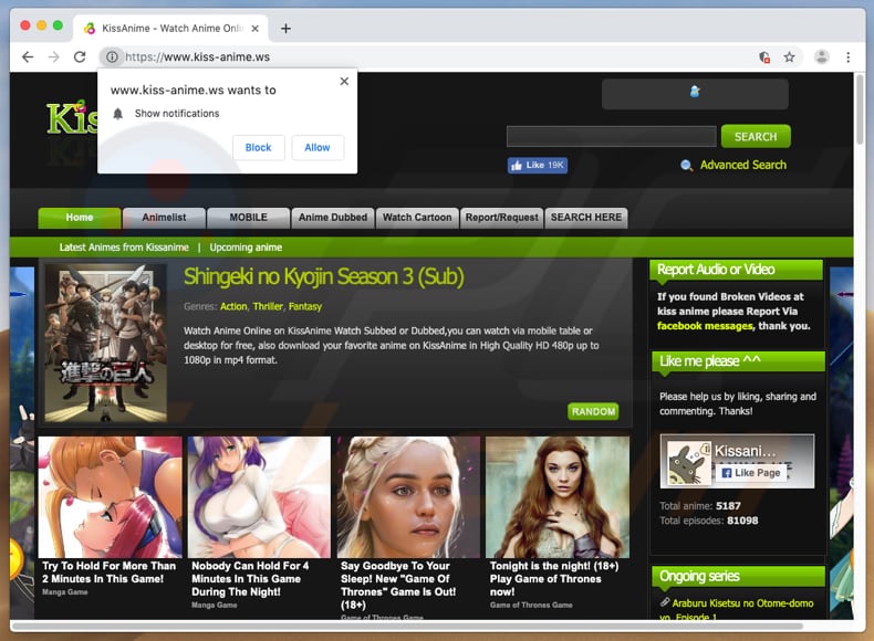 pop-up do redirecionamento Kissanime