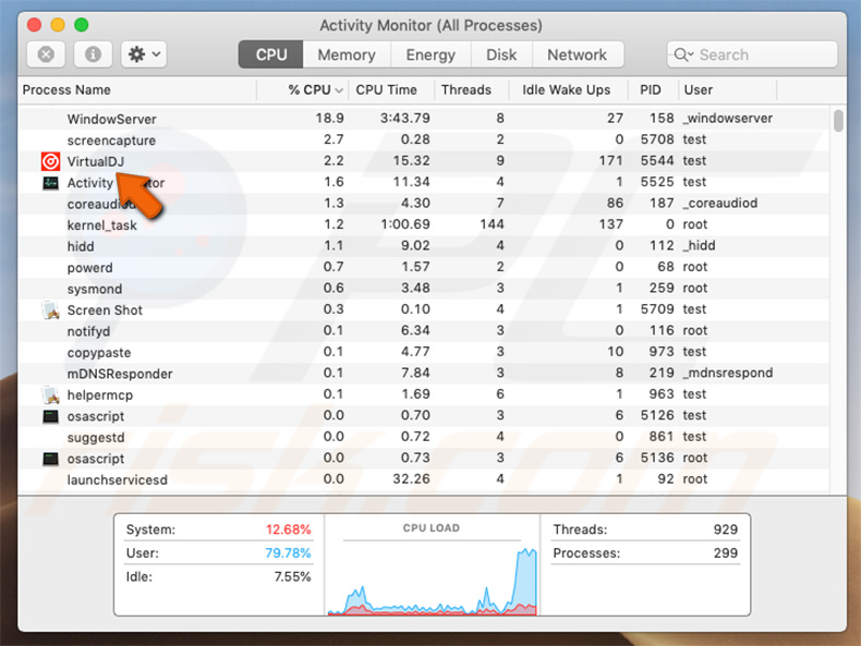 Vírus LoudMiner sendo executado como aplicação VirtualDJ no Activity Monitor