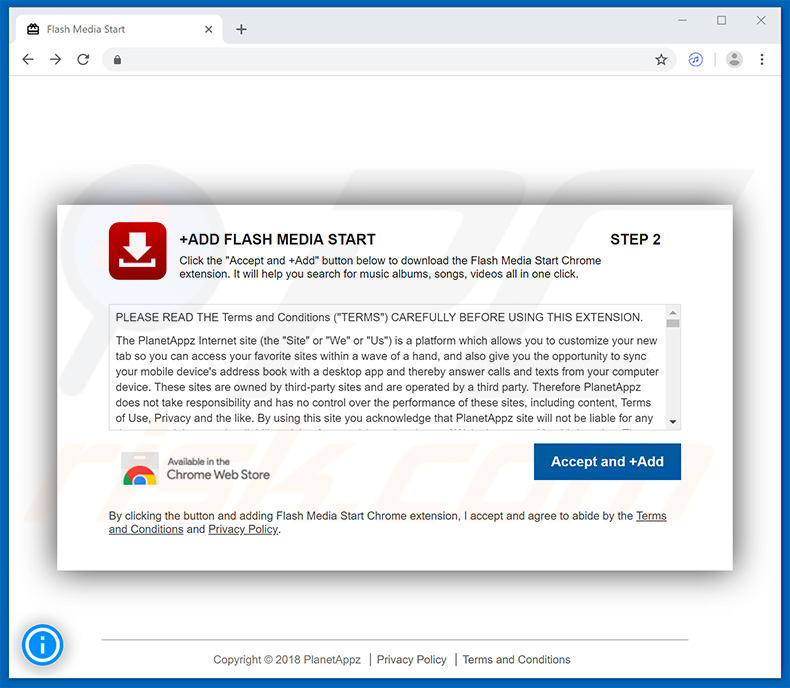 O site usado promove o sequestrador de navegador Flash Media Start