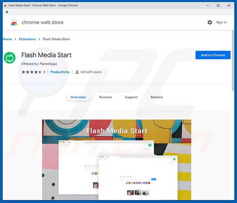 Sequestrador de navegador do Flash Media Start na Google Chrome Web Store