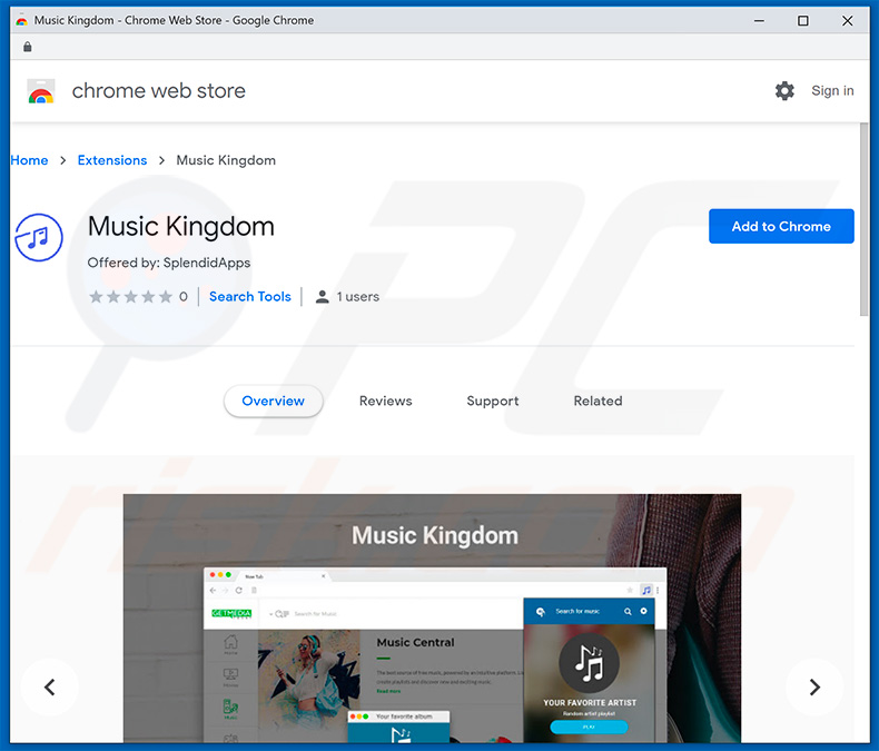 Sequestrador de navegador do Music Kingdom na Google Chrome Web Store