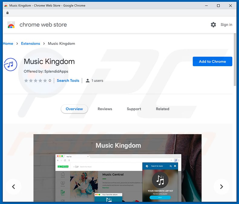 Sequestrador de navegador do Music Kingdom na Google Chrome Web Store