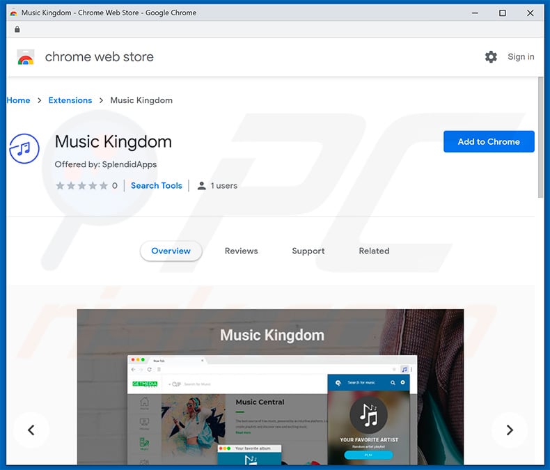 Sequestrador de navegador do Music Kingdom na Google Chrome Web Store