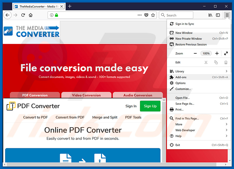 Remova 'Ads by TheMediaConverter Promos' do Mozilla Firefox passo 1