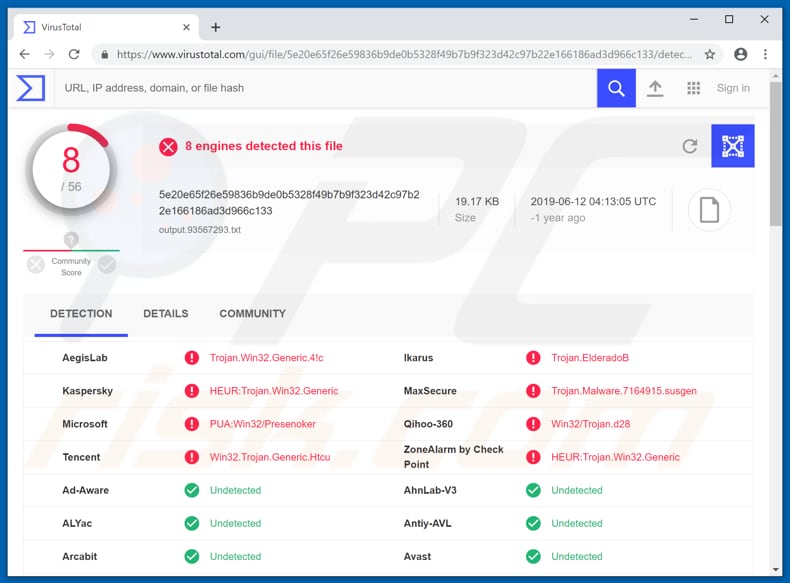 exemplo de um ficheiro fraudulento sendo detectado como Trojan.Win32.Generic