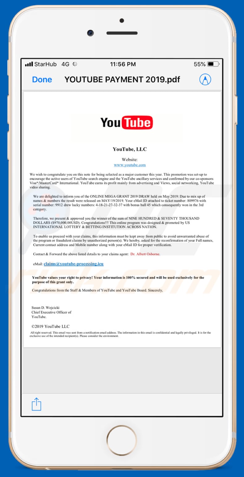 anexo no email da fraude youtube lotttery