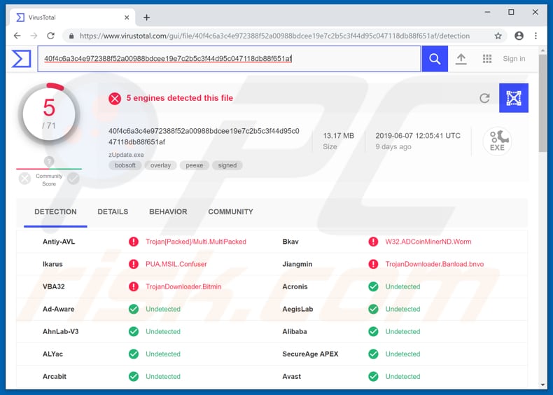 zupdater.exe detectado como uma ameaça em virustotal