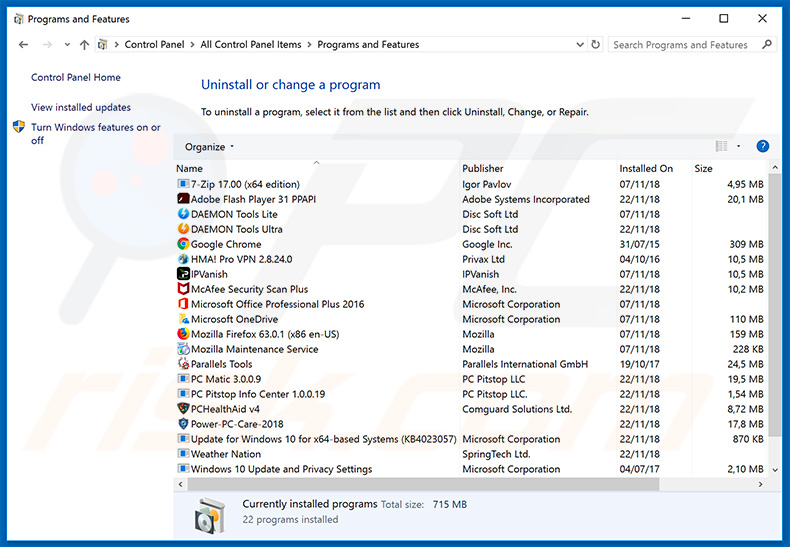 desinstalar o adware gloyah[.]net via Painel de Controlo