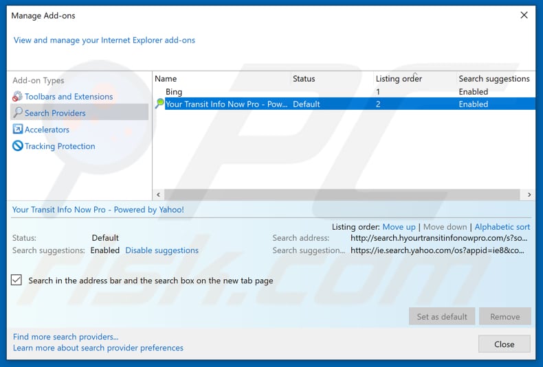 Removendo hidemysearches.com do mecanismo de pesquisa padrão do Internet Explorer