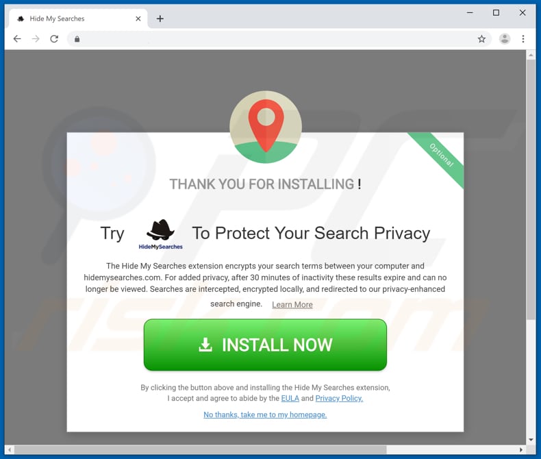 Site usado para promover o sequestrador de navegador Hide My Searches