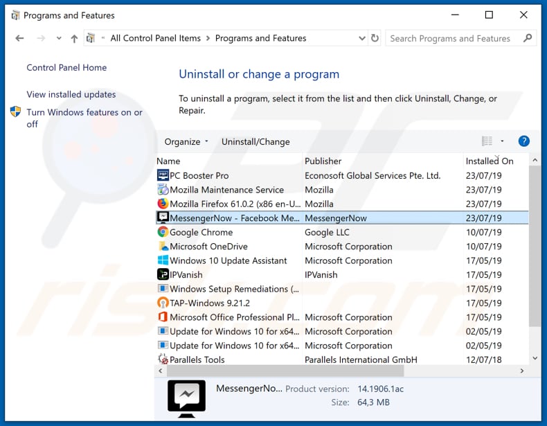Desinstalação de adware MessengerNow através do painel de controlo