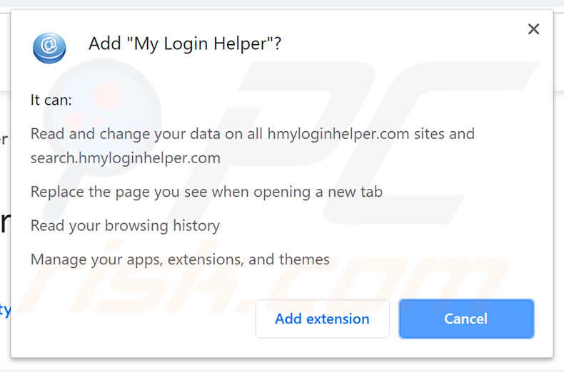 Sequestrador de navegador do My Login Helper solicitando permissões