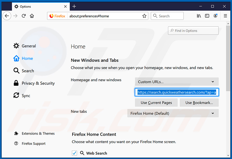 Removendo search.quickweathersearch.com da página inicial do Mozilla Firefox