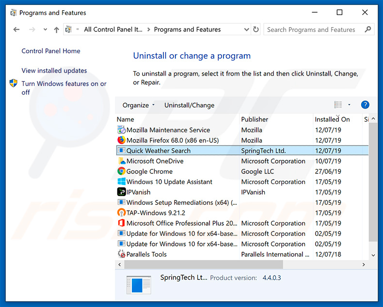 desinstalar  o sequestrador de navegador search.quickweathersearch.com via Painel de Controlo