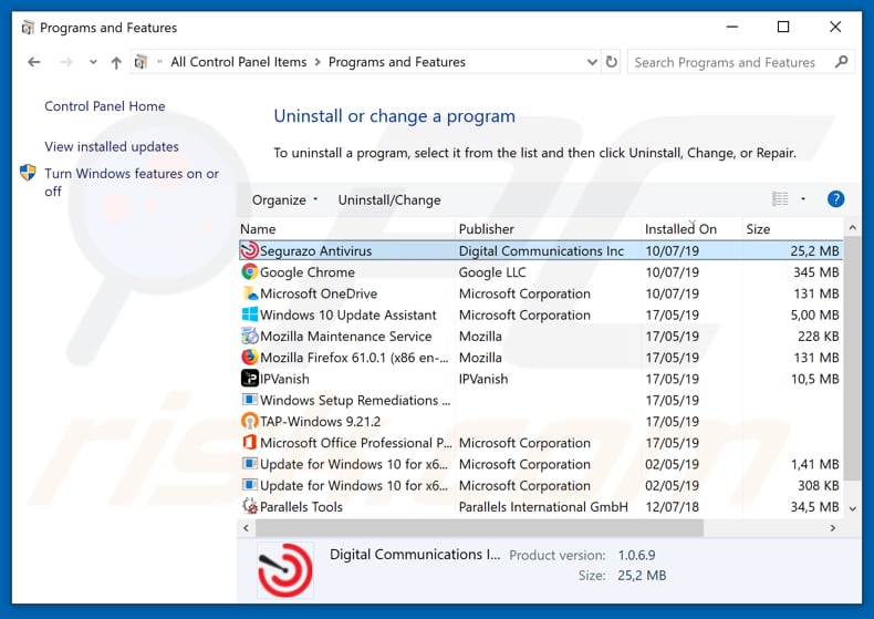 desinstalar o adware Segurazo via Painel de Controlo