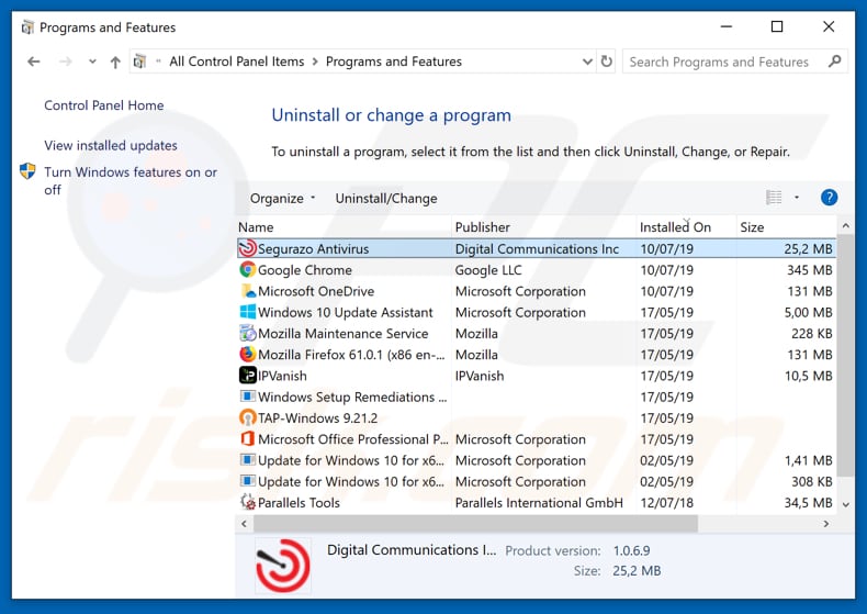 desinstalar o adware Segurazo via Painel de Controlo