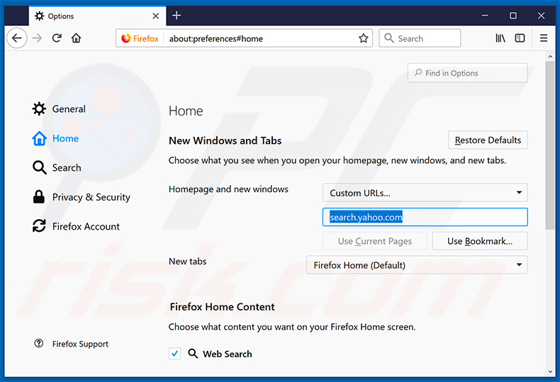 Removendo search.yahoo.com da página inicial do Mozilla Firefox