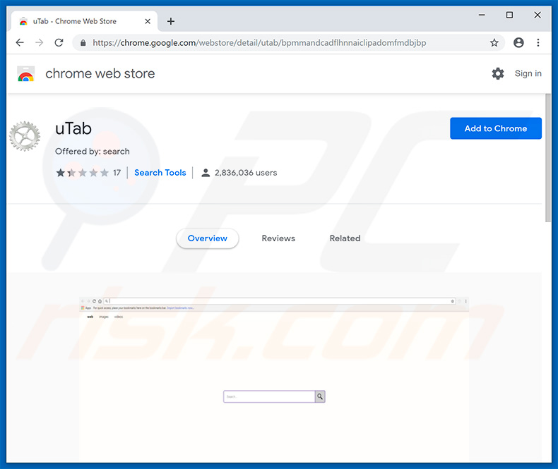 Sequestrador de navegador uTab na Chrome Web Store