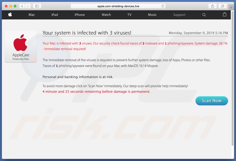 Screenshot da página de fundo de apple.com-shielding-devices[.]live