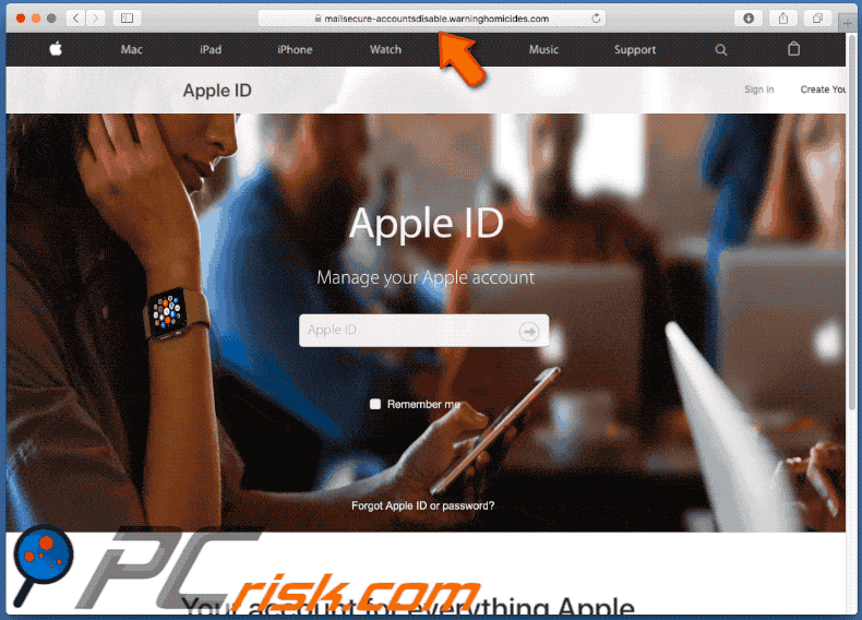 Aparência da fraude de Apple ID Scam (GIF)