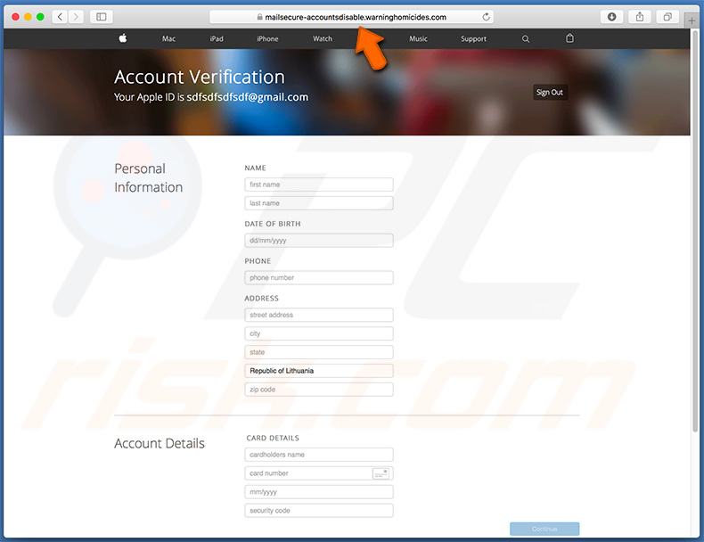 página falsa de ID da Apple a pedir informações pessoais