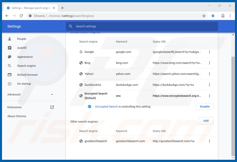 Removendo encryptedsearch.org do mecanismo de pesquisa padrão do Google Chrome