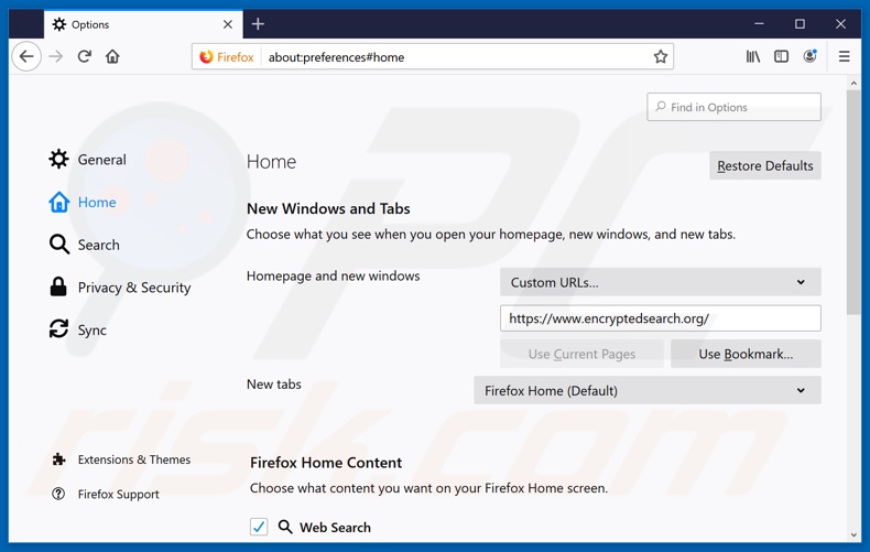 Removendo encryptedsearch.org da página inicial do Mozilla Firefox