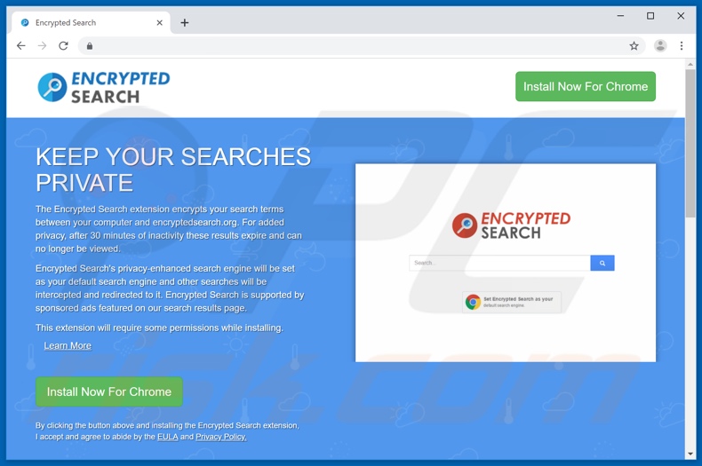 Site usado para promover o sequestrador de navegador de Encryptedsearch
