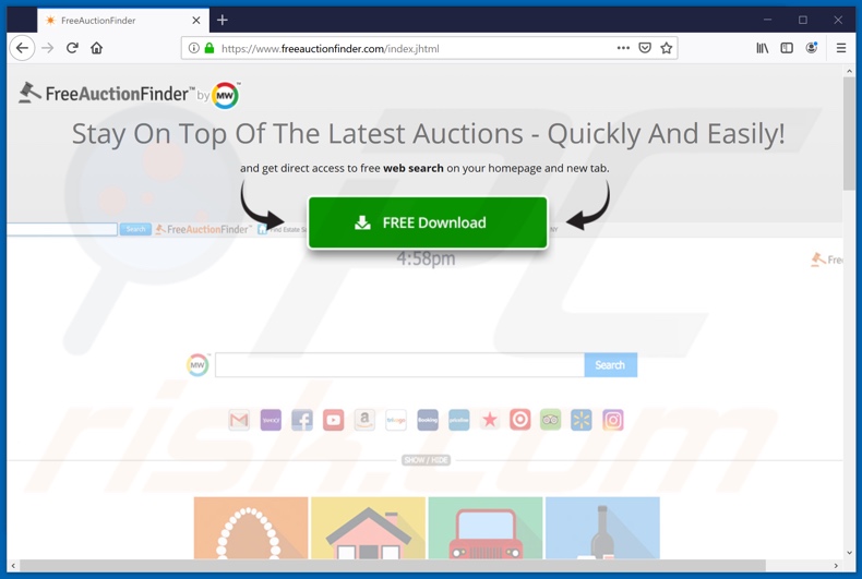 Site usado para promover o sequestrador de navegador FreeAuctionFinder