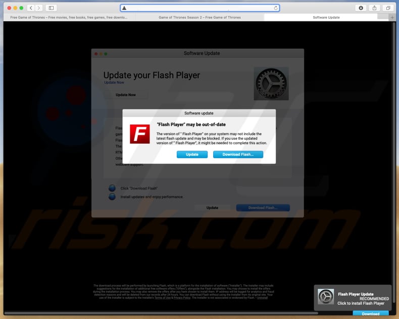 flash player falso instalado num site fraudulento