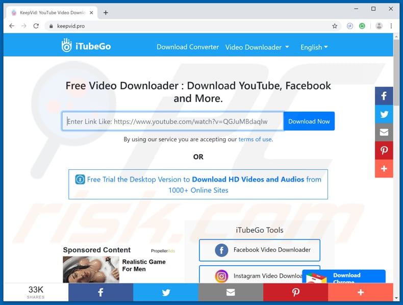 redirecionamentos pop-up do keepvid[.]pro